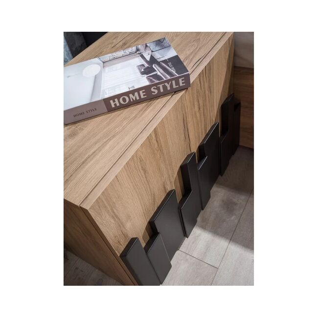 Dormitor Mozart, sonoma/negru, pat 180x200 cm, dulap cu 2 usi culisante, comoda, 2 noptiere