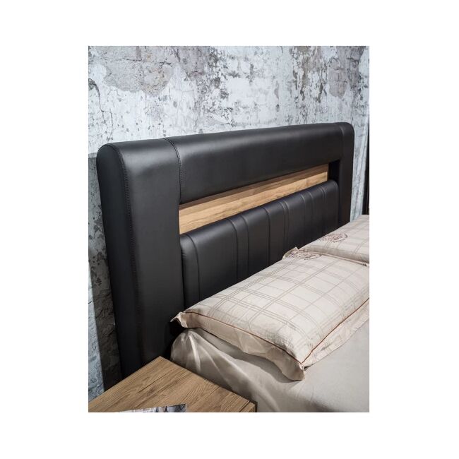 Dormitor Mozart, sonoma/negru, pat 180x200 cm, dulap cu 2 usi culisante, comoda, 2 noptiere