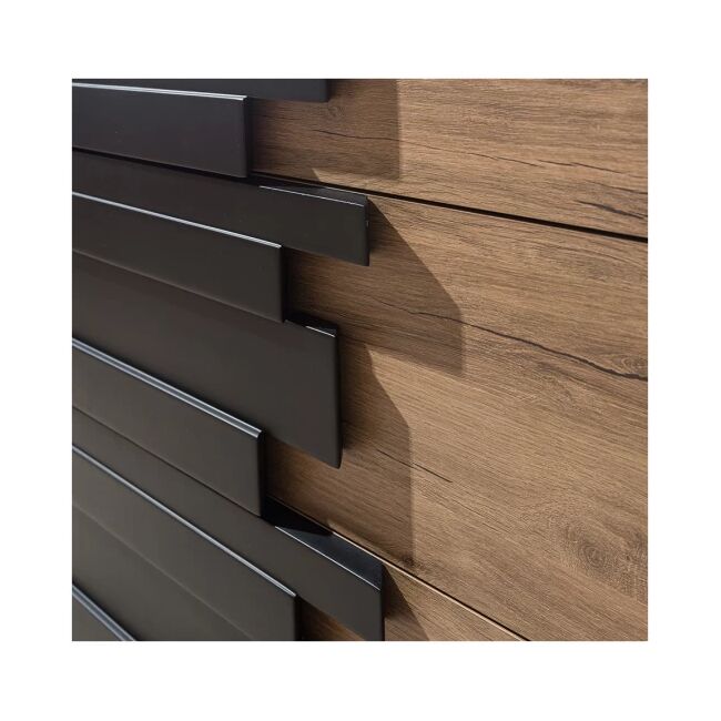 Dormitor Mozart, sonoma/negru, pat 180x200 cm, dulap cu 2 usi culisante, comoda, 2 noptiere