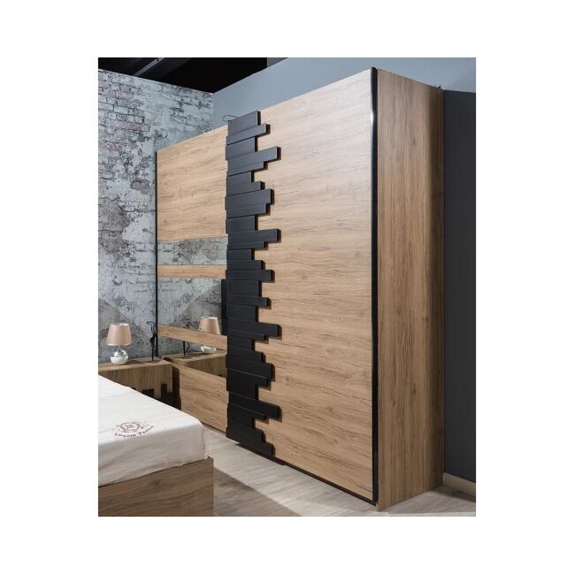 Dormitor Mozart, sonoma/negru, pat 180x200 cm, dulap cu 2 usi culisante, comoda, 2 noptiere