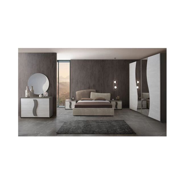 Dormitor Twin, alb/gri, pat 160x200 cm, dulap cu 2 usi culisante, 2 noptiere, comoda