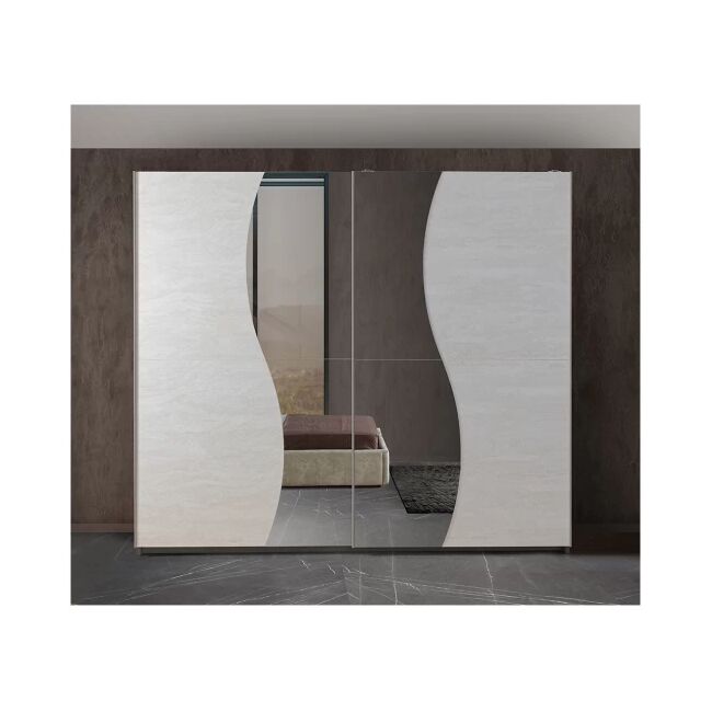 Dormitor Twin, alb/gri, pat 160x200 cm, dulap cu 2 usi culisante, 2 noptiere, comoda