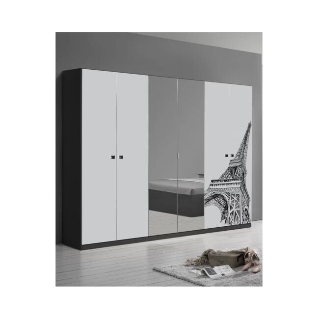 Dormitor Eiffel, alb/negru, pat 160x200, comoda, dulap, noptiere