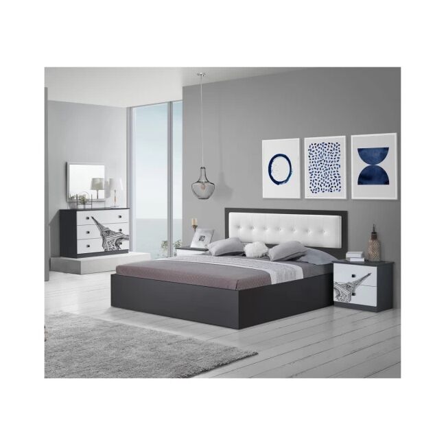 Dormitor Eiffel, alb/negru, pat 160x200, comoda, dulap, noptiere